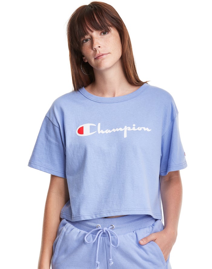 Champion Womens T-Shirt NZ - Heritage Cropped Script Logo Light Blue ( 8514-VYHOC )